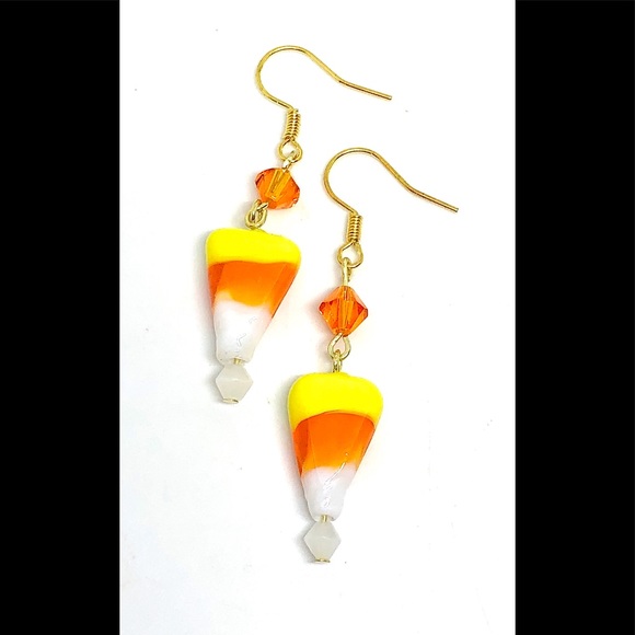 Halloween Glass Candy Corn Orange and Opaque White Crystal Gold Dangle Earrings - Picture 2 of 3
